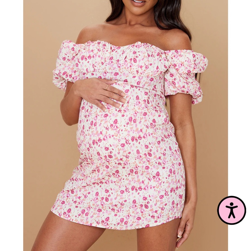 Pretty Little Thing pink floral maternity dress.